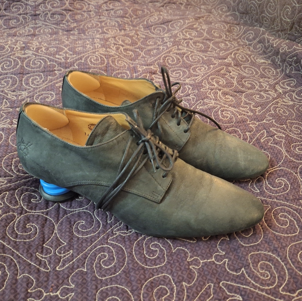 Blue and black Bermuda Fairway Fluevog lace up oxfords with funky heels